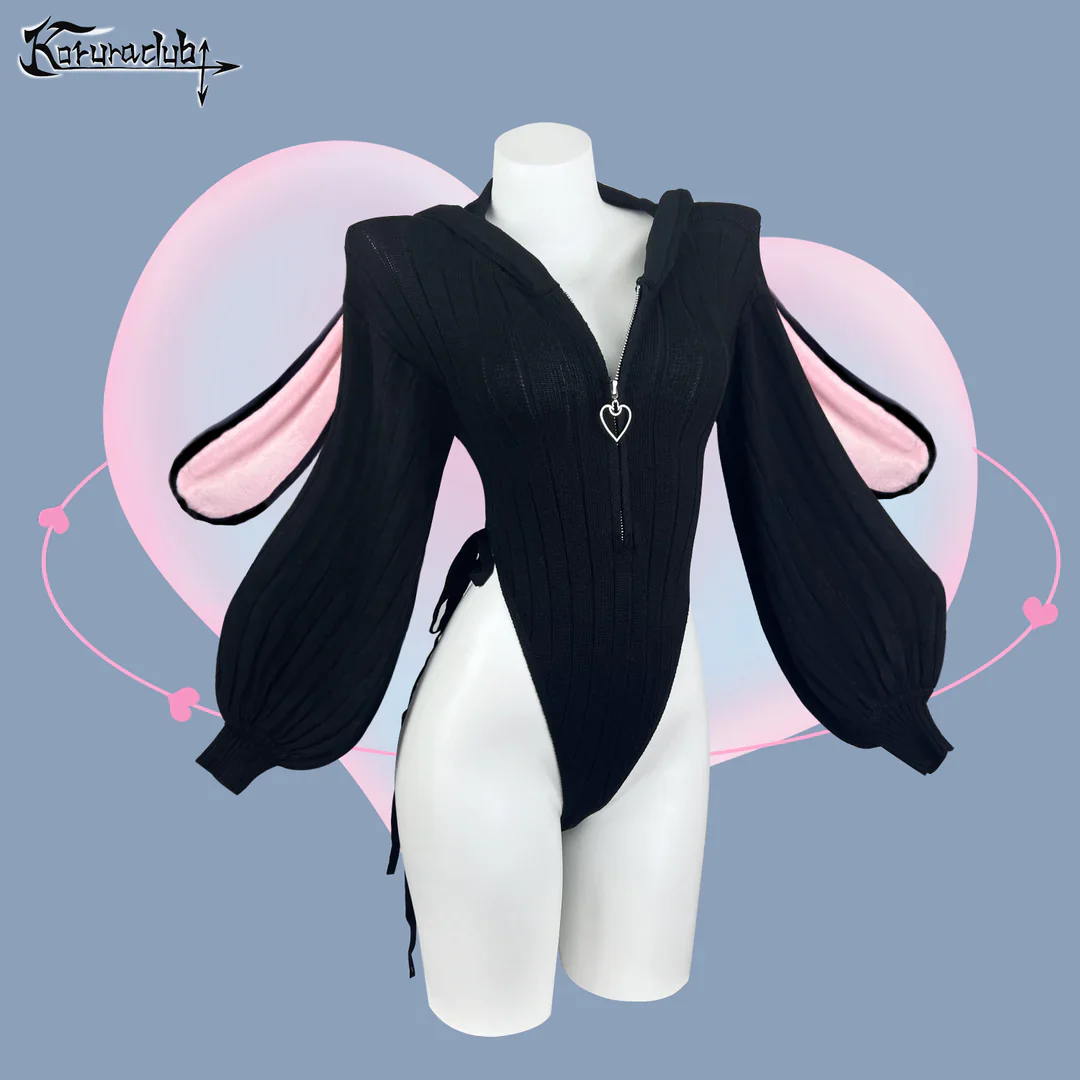 Chic Grey Bunny Ear Hoodie Bodysuit KO64 - Image 28