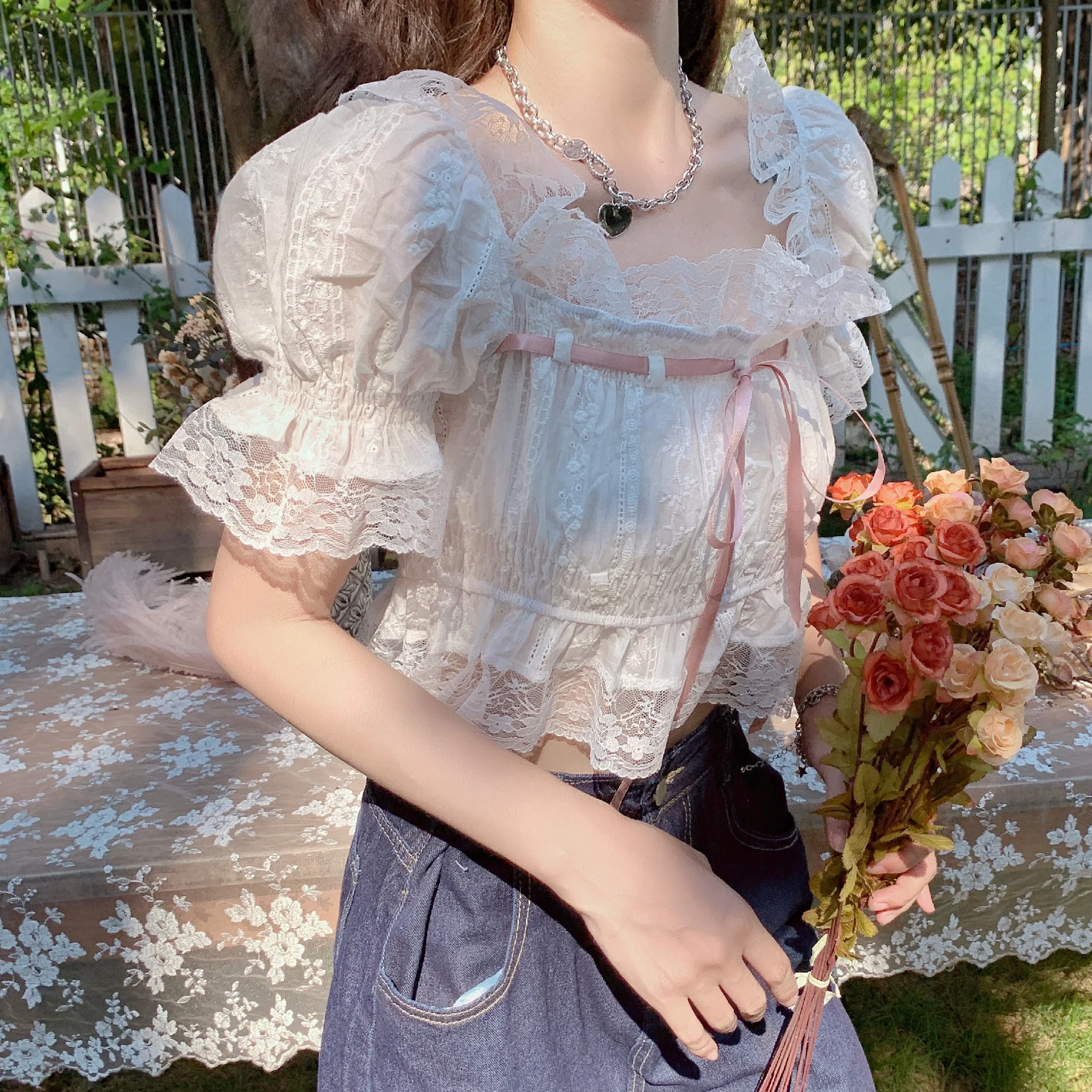 Sweet Lace French Short Sleeves  HA0374 - Image 3